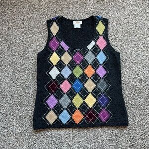 Talbots Charcoal Grey Argyle Lambs Wool Cashmere Blend Sweater Vest, Size Small